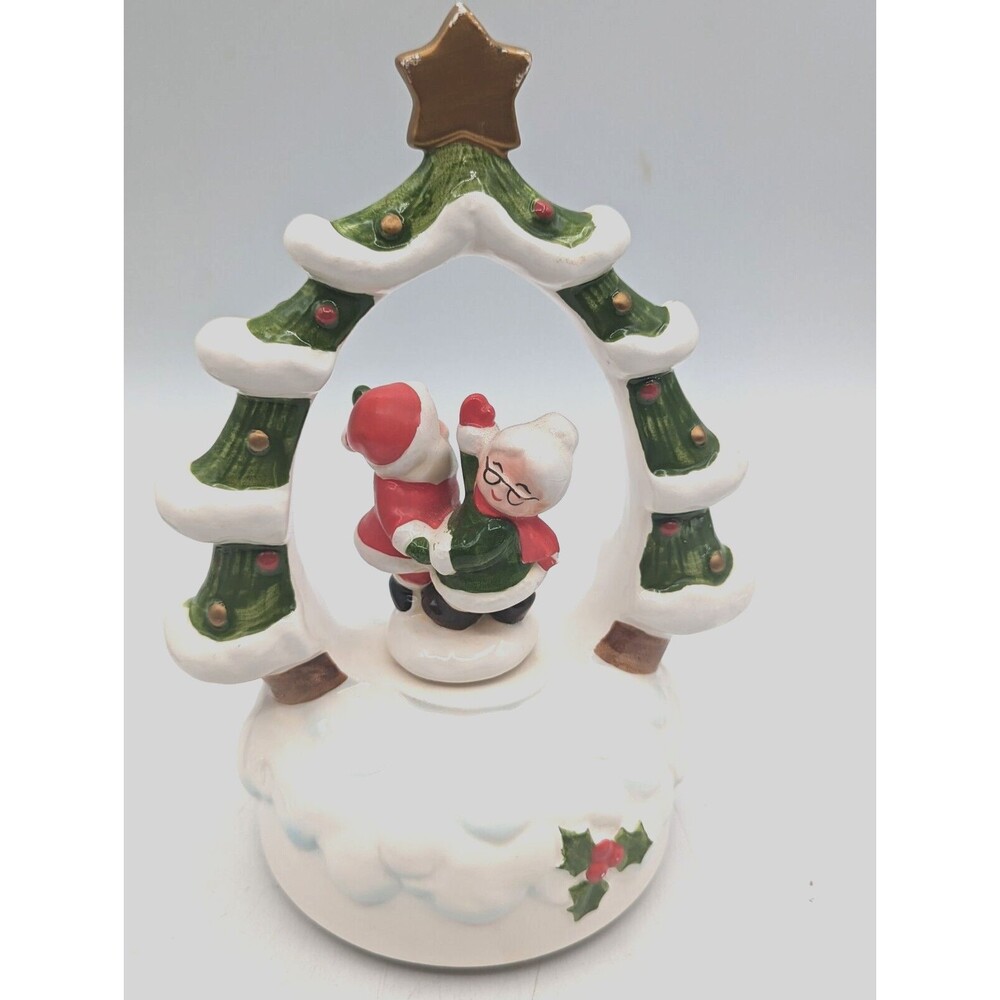 Vintage Lefton Santa & Mrs Claus Dancing in Christmas Tree Music Box Japan 1984